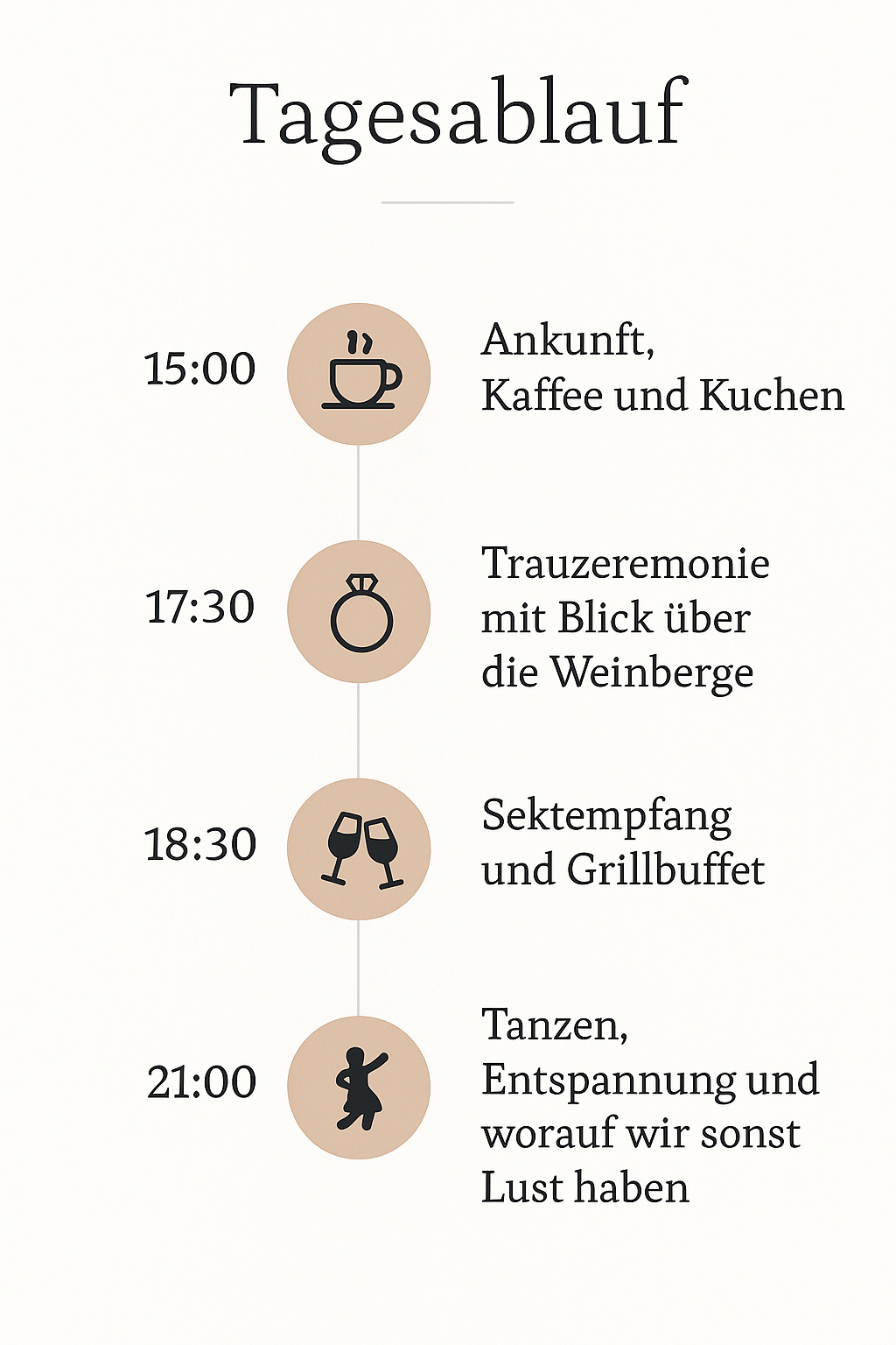 Tagesablauf 15:00 Ankommen & Kaffee draußen
17:30 Freie Trauung mit Blick über die Weinberge
18:30 Sektempfang und Grillbuffet
21:30 Tanzen, feiern so