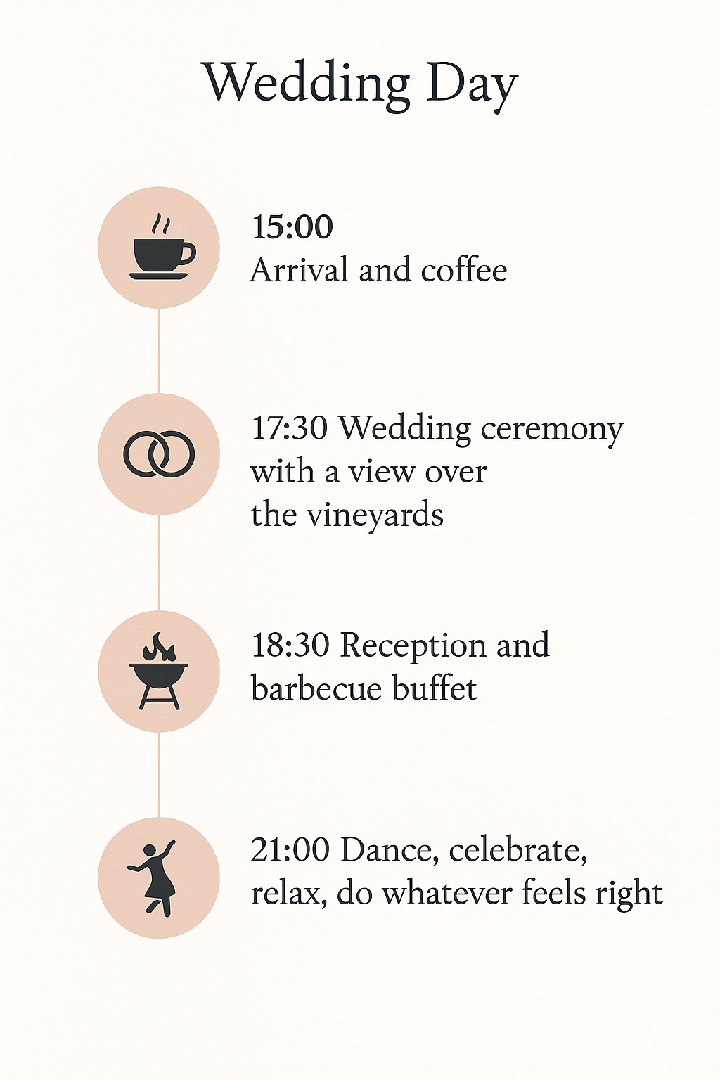 Tagesablauf 15:00 Ankommen & Kaffee draußen
17:30 Freie Trauung mit Blick über die Weinberge
18:30 Sektempfang und Grillbuffet
21:30 Tanzen, feiern so